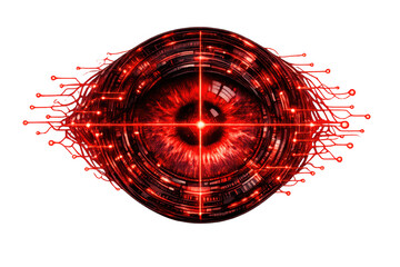 Red digital eye scanning, tracking, monitoring biometric data with futuristic security technology on transparent background