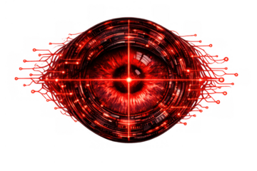 Red digital eye scanning, tracking, monitoring biometric data with futuristic security technology on transparent background