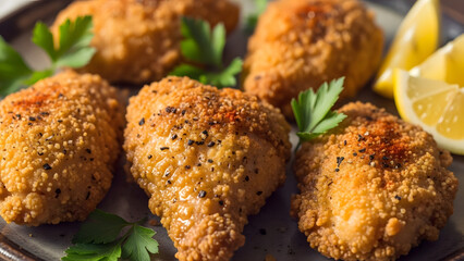 Crispy fried chicken drumsticks with parsley garnish and lemon wedges on serving plate
