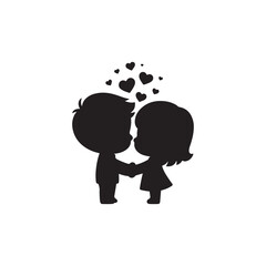 Adorable silhouette of two children holding hands, with hearts floating above, sweet love
