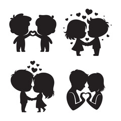 Silhouette couple in love, Valentine's Day symbols, romantic hearts, sweet embrace