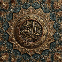 Intricate gold Arabic calligraphy design on blue and gold background