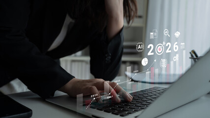 Bar graphs, charts, and number 2026 with AI and data analysis icons symbolizing future business innovation and analytics Parse