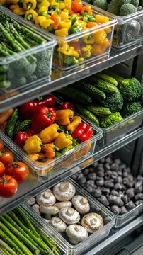 Fresh vegetables and mushrooms organized in refrigerator for easy access and meal prep