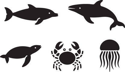 Obraz premium Sea animals set featuring fish, dolphins, whales, turtles, and other marine creatures. Minimal isolated vector icons ideal for ocean, marine life, aquarium, and educational designs.