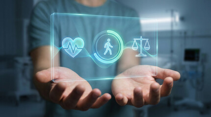 Fototapeta premium Person presenting a holographic wellness dashboard with heart rate, activity progress and balance icons in a medical environment