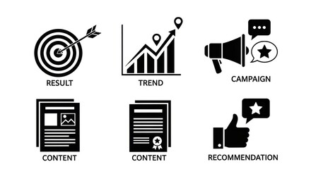 A set of black and white icons representing digital marketing concepts