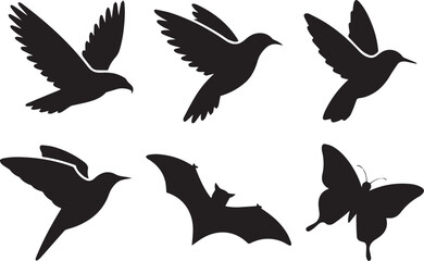 Fototapeta premium Silhouettes of birds in flight and perched positions. Black isolated vector shapes ideal for wildlife, nature, ecology, design, and decorative projects.