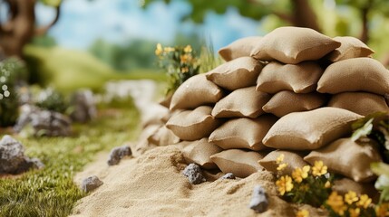 A miniature replica of a flood barrier constructed from stacked sandbags sits on a sandy mound with small plants and stones in a rural outdoor setting