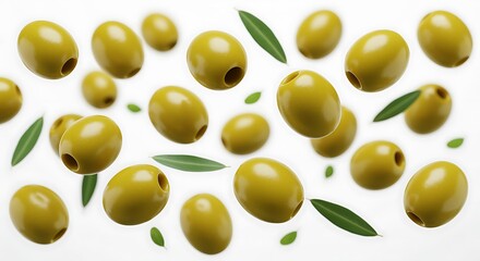 Obraz premium Scattered Green Olives with Leaves