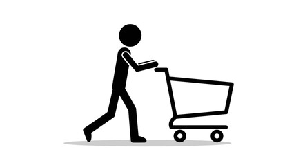Black Stick Figure Man Pushing an Empty Shopping Cart on an Isolated White Background, Representing Shopping or Errands.