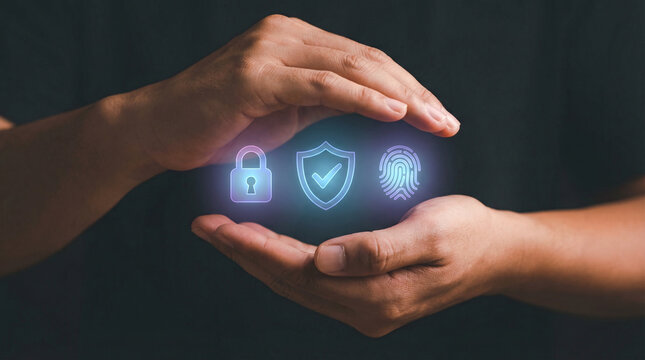 Hands holding glowing cybersecurity hologram featuring lock shield and fingerprint representing data protection and digital identity security