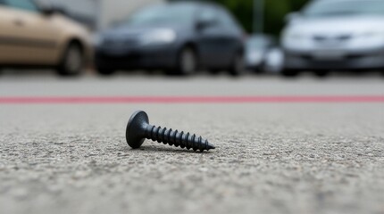 Close-up of a black screw lying on asphalt pavement in parking lot.