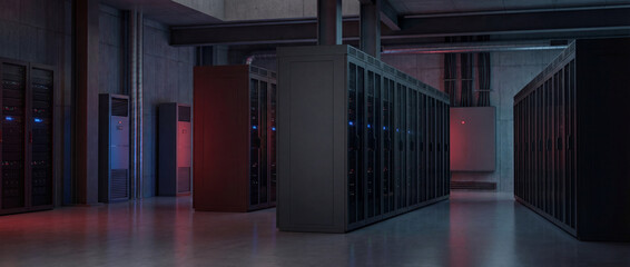 Server Room: A high-tech server room showcasing rows of interconnected computer servers, signifying the backbone of modern digital infrastructure, bathed in cool blue and red light.