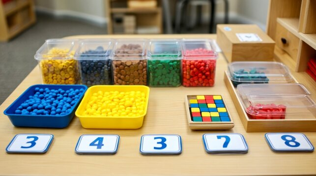 Colorful learning tools arranged on a table for educational activities focused on counting and sorting skills for children