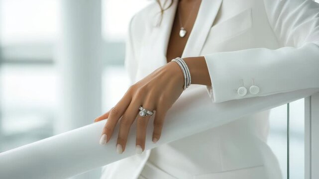 Woman in white suit displaying jewelry while resting on handrail in modern setting at daytime