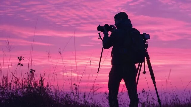 Video A person with a camera and a backpack standing on a hill, ready to start an adventure