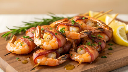 Gourmet seafood dish with grilled prawns and lemon wedges, and fresh herbs on a wooden board