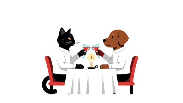 Cartoon cat and dog having a romantic dinner together.