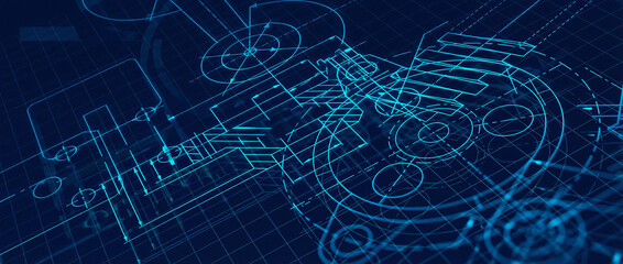Blueprints engineer technician design drawing mechanical gear engineering Engine factory Industry Industrial technology project abstract presentation cover banner background. 3d rendering.