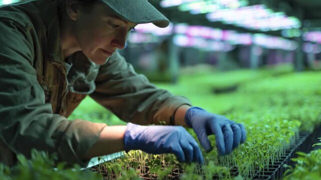 A focused individual, wearing protective gloves and a cap, meticulously tends to rows of vibrant green seedlings in an advanced indoor farm setting. The scene is illuminated by the distinctive glow of