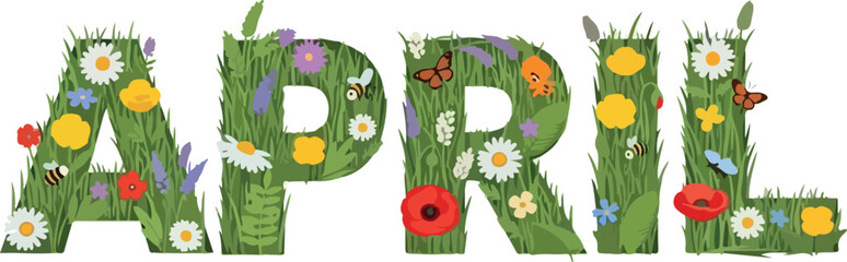 Fototapeta premium April Floral Text Illustration with Butterflies, Flowers, and Green Grass; Spring Season