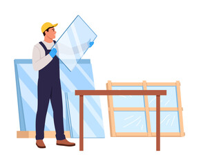Vector illustration of installing glass in a window frame. Cartoon scene of a man in a protective yellow helmet, blue overalls, gloves, holding glass for window frames.Replacing double-glazed windows.