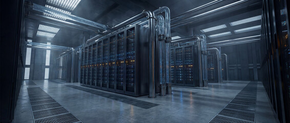 Modern Data Center: A meticulously organized server room, filled with rows of advanced computing infrastructure. The scene portrays the powerful technology