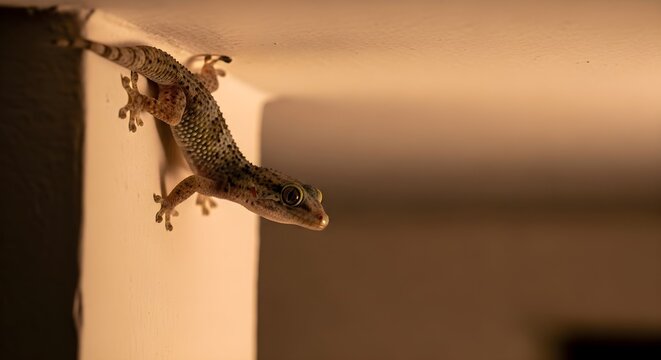 ealistic image of a house gecko resting on an indoor wall under soft lighting. T