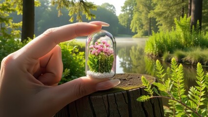 A delicate hand holding a miniature glass dome with pink flowers and greenery inside on a tree stump near a serene lake