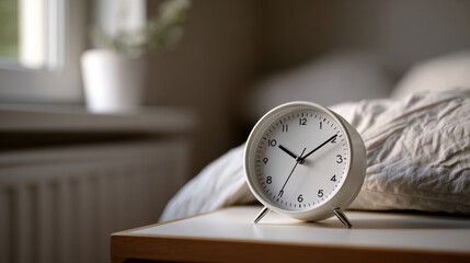 Naklejka premium White round alarm clock on bedside table with blurred bed and window background in cozy bedroom interior