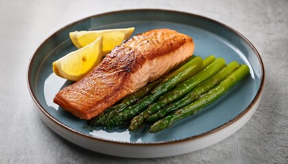 Cooked Salmon Steak With Asparagus And Lemon Slice