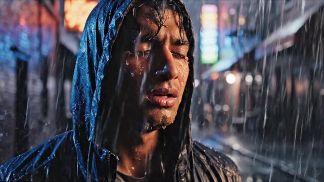 A person standing alone sad in the rain