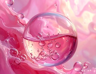 Pink, spherical water drop with surrounding bubbles and fluid shapes