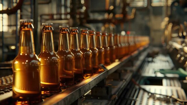 Video A line of beer bottles moving along a conveyor belt, possibly in a brewery or packaging facility