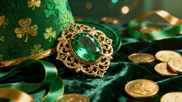 Emerald jewel and gold coins for St Patrick&rsquo;s Day celebration,  st patrick&rsquo;s day, st patricks day, irish holiday, ireland, leprechaun, leprechaun hat, green hat, shamrock, clover, four leaf clover, lu