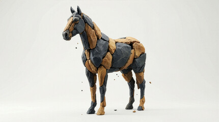 3D model of a horse fashioned from angular rock components and suspended fragments