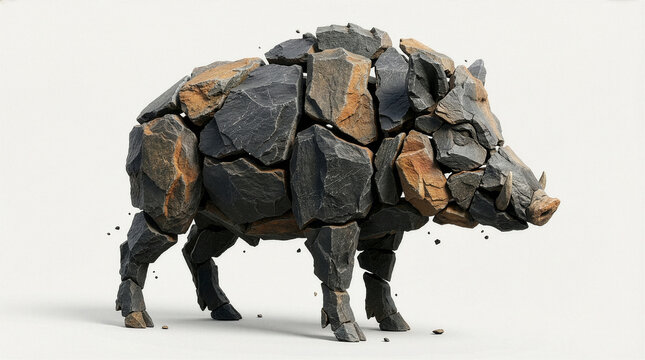 Wild boar sculpture constructed from an assemblage of jagged lithic segments