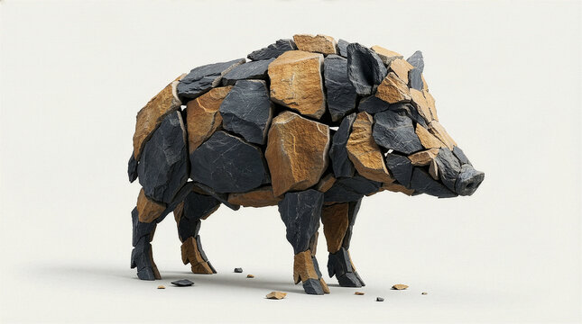 Side view of a pig sculpture composed of tan and grey stone fragments