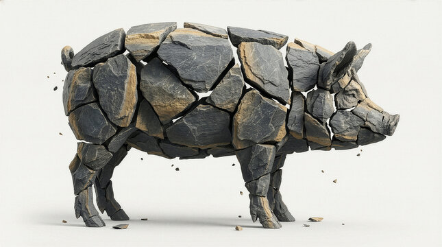 Side profile of a domestic pig sculpture composed of weathered slate and shale
