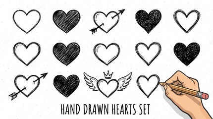 set of hand drawn hearts