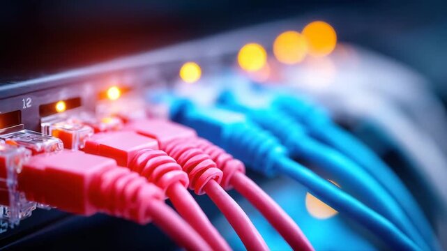 Close-up of Ethernet cables connected to network switch with glowing lights