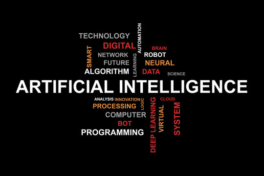 Artificial Intelligence word cloud on black background, digital future and machine learning concept with keywords like robot, data, algorithm, and neural network