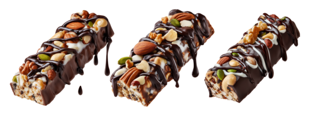Chocolate coated nut protein energy fitness bar topped with almonds, cashews, walnuts, and chocolate drizzle on white