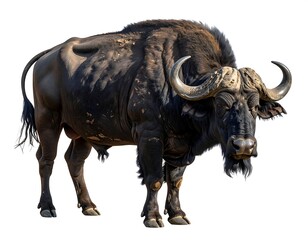 Fototapeta premium A majestic, full-bodied depiction of a Cape buffalo against a stark white background, showcasing its powerful form