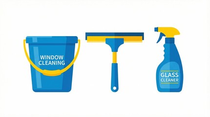 Window cleaning tools depicted including a bucket, squeegee, and glass cleaner spray bottle. Represents household chores, professional cleaning, and hygiene. Ideal for service promotions.