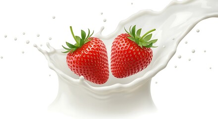 Two strawberries in a splash of milk on white background
