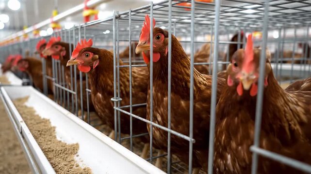 Chickens in cages at modern poultry farm. Healthy hens feed in spacious environment. Farming practice supports sustainable egg production. Natural light enhances vibrant atmosphere.