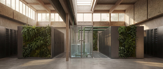 Data Center Sanctuary: This image features a modern data center seamlessly integrated with lush green walls, exuding a sense of tranquility and technological advancement.