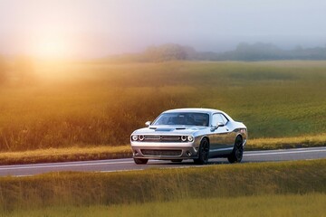 Dynamic American muscle car on a summer drive